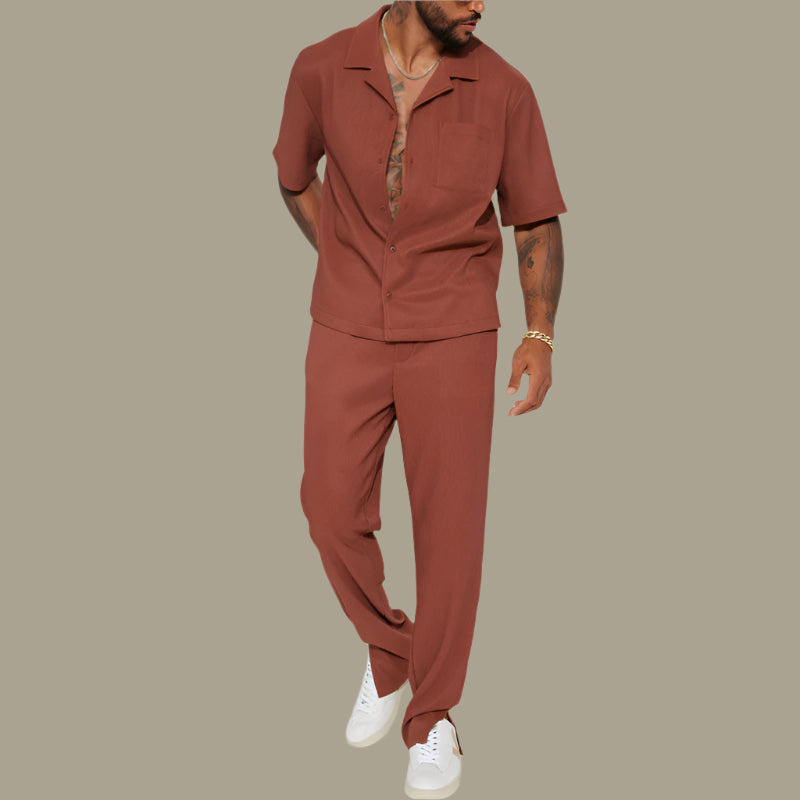 Ensemble homme – Chemise manches courtes col classique – Pantalon long – Tissu respirant