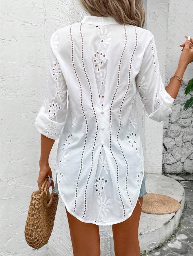 Blouse femme – Coupe décontractée – Fibres naturelles respirantes – Dentelle – Col en V
