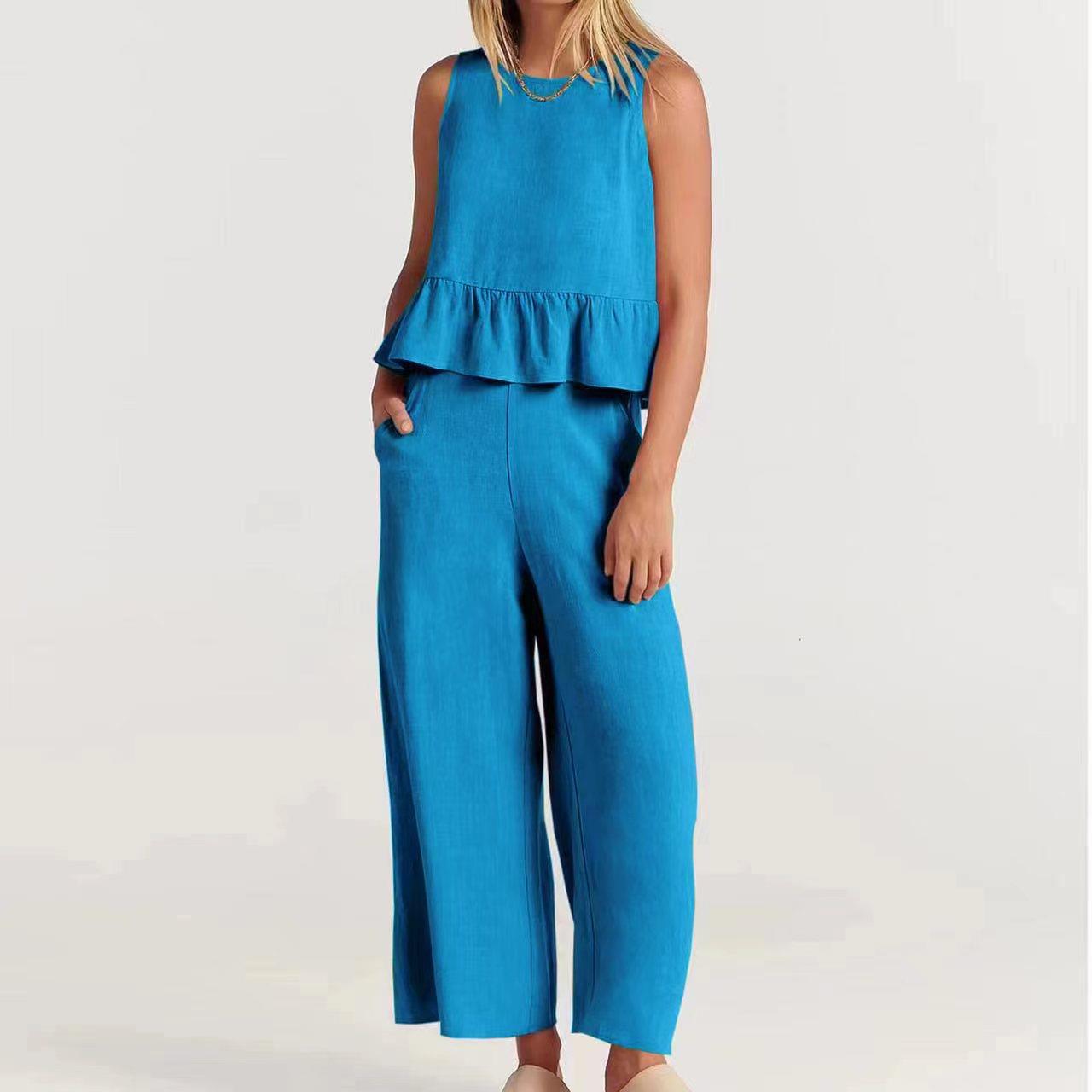 Ensemble 2 pièces pour femmes - Top court sans manches - Pantalon large à taille élastique - Coupe décontractée
