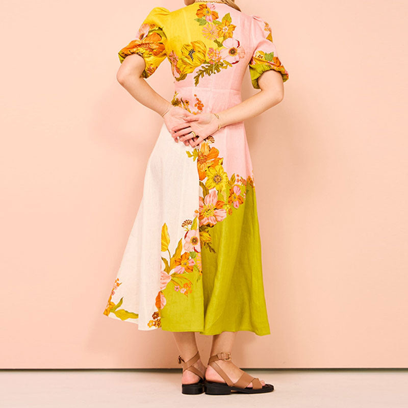 Robe midi femme – Coupe évasée – Manches bouffantes – Imprimé floral ethnique – Tissu respirant