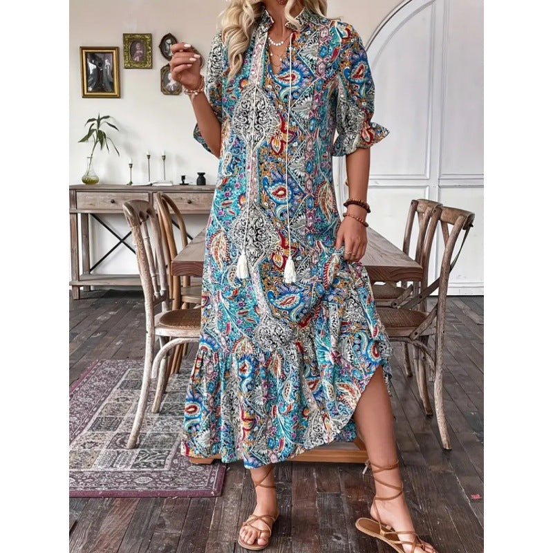 Robe midi femme – Coupe fluide – Manches à volants – Imprimé bohème – Col à nouer