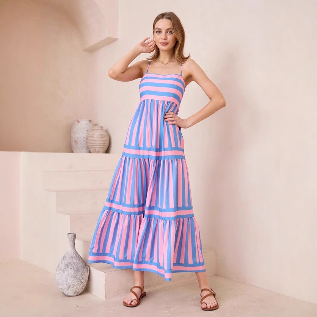 Robe midi femme – Coton – Coupe évasée – Rayures – Bretelles fines – Volants