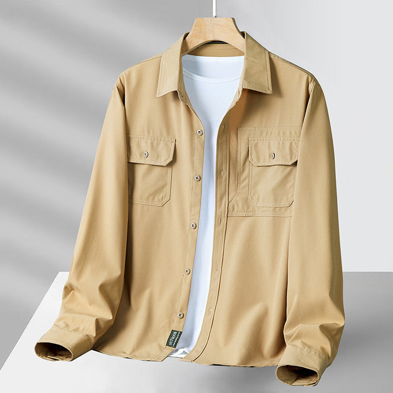 Chemise homme manches longues – Coupe décontractée – Tissu léger respirant – Style utilitaire multipoches
