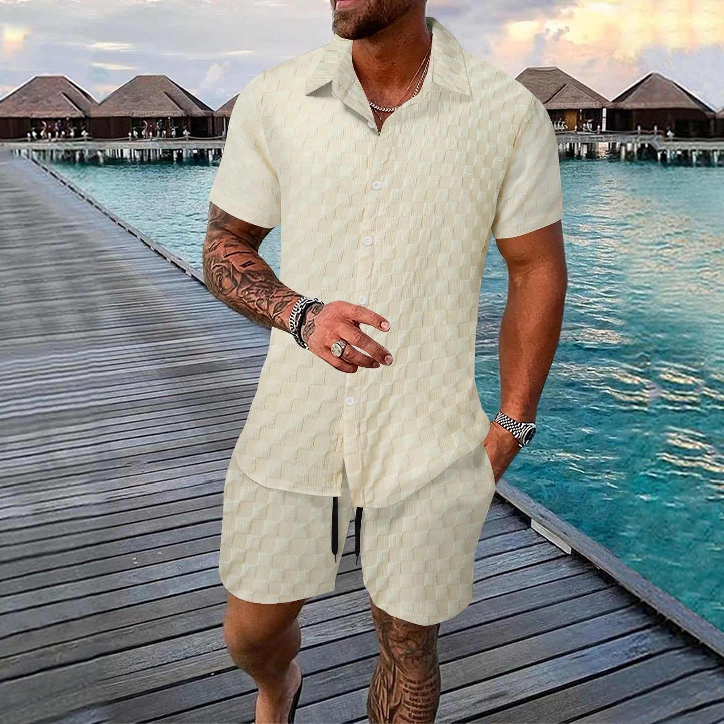 Ensemble homme deux pièces – Jacquard léger – Coupe décontractée – Chemise col à revers