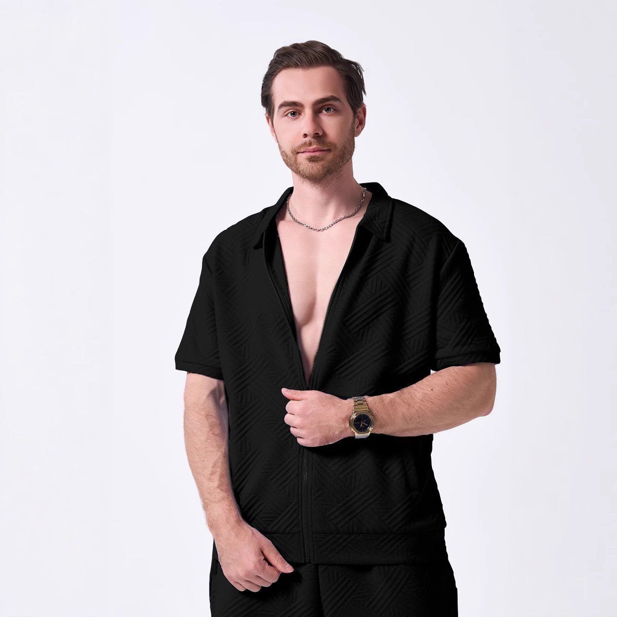 Chemise homme manches courtes – Coupe décontractée – Motif texturé – Col zippé