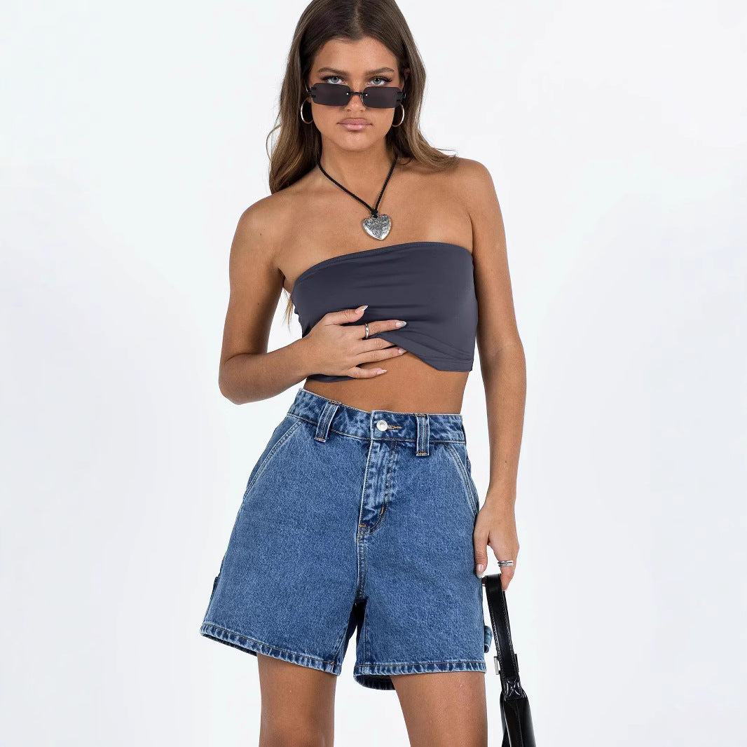Short en jean femme – Coupe décontractée – Taille mi-haute – 5 poches – Mi-cuisse