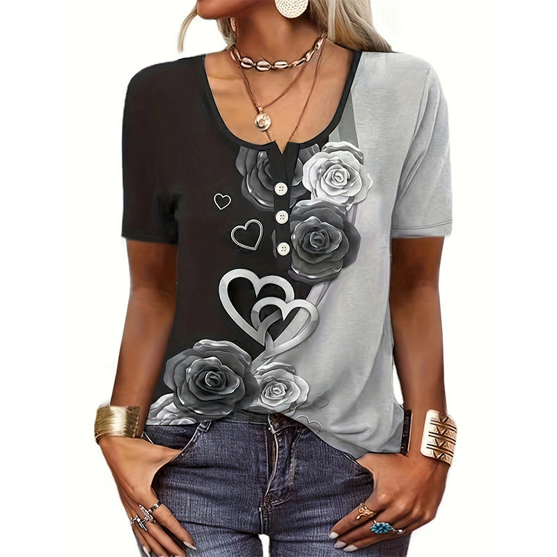 T-shirt femme – Coupe décontractée – Col rond boutonné – Imprimé floral artistique