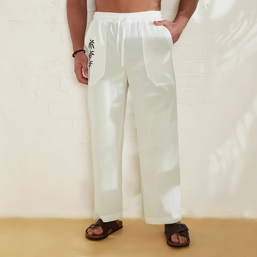 Pantalon homme large – Coupe décontractée – Tissu respirant – Imprimé palmier – Cordon ajustable