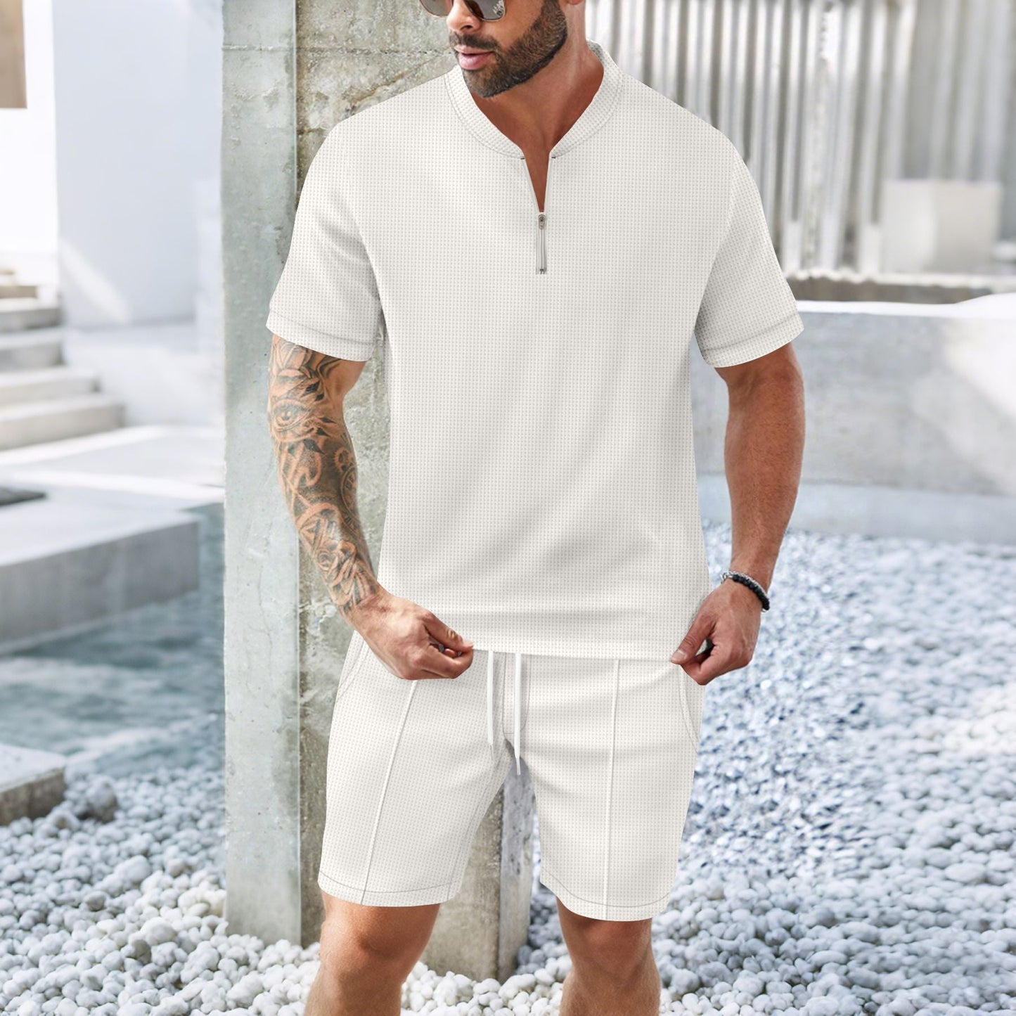 Ensemble de sport homme – Coupe décontractée – T-shirt zippé manches courtes