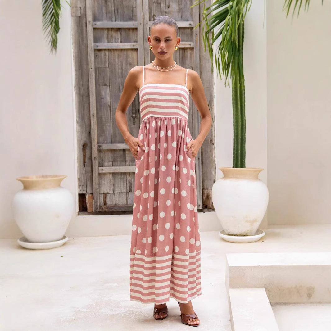 Robe longue femme – Coupe évasée – Coton – Bretelles fines – À motifs avec poches