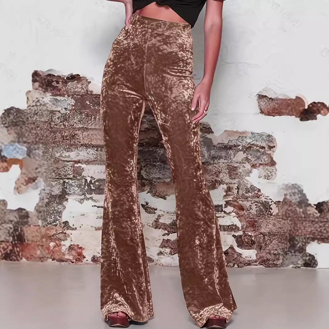 Pantalon évasé femme – Taille haute – Velours doux – Coupe ajustée – Longueur entière