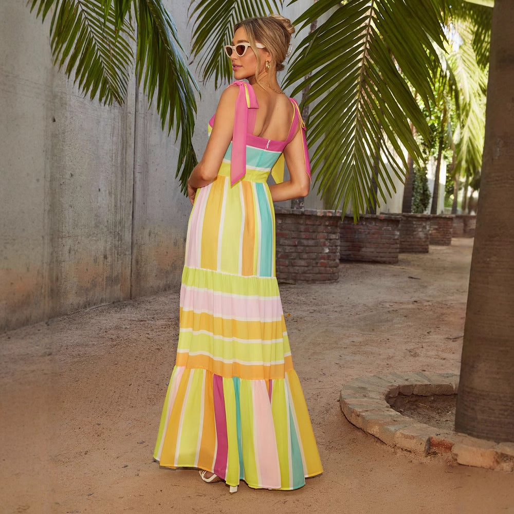 Robe longue femme – Coupe fluide – Col carré – Bretelles à nouer – Jupe à volants