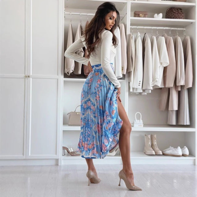 Jupe midi femme – Plissée fluide – Taille haute – Imprimé audacieux – Fente côté