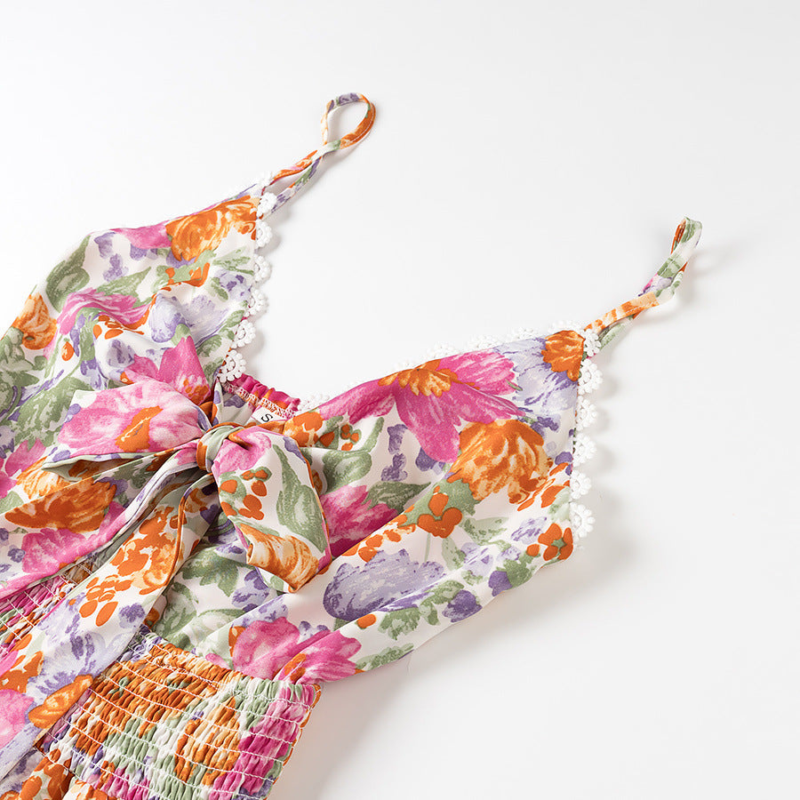 Robe Femme Mini Évasée – Bretelles Fines – Nœud Dos – Volants – Dentelle Fleurie