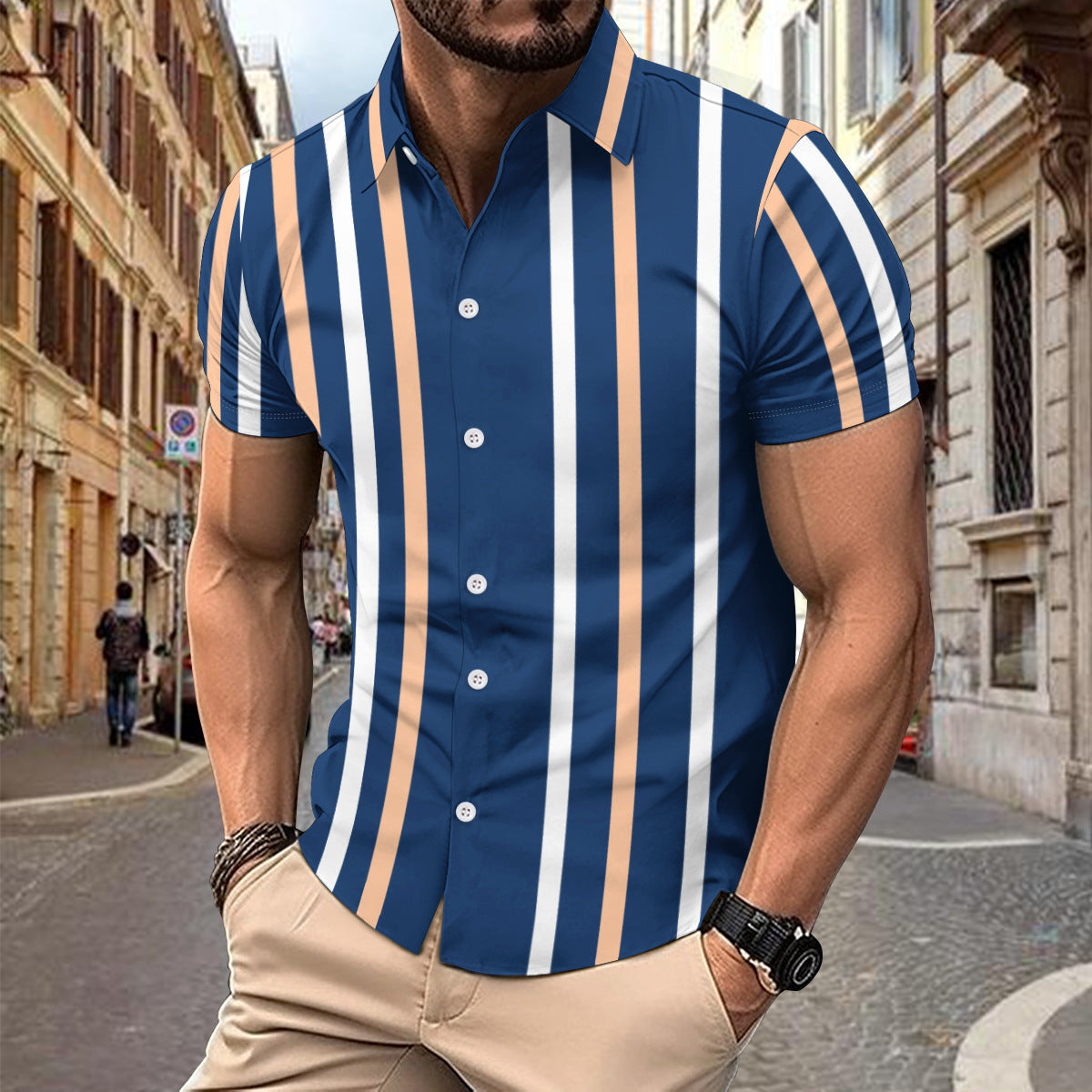 Chemise homme manches courtes – Coupe slim – Coton – Rayures verticales