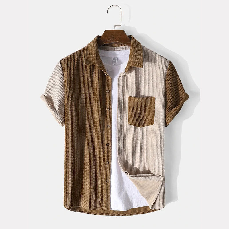 Ensemble Deux Pièces Homme – Coupe Décontractée – Tissu Gaufré – Chemise Boutonnée & Short à Cordon