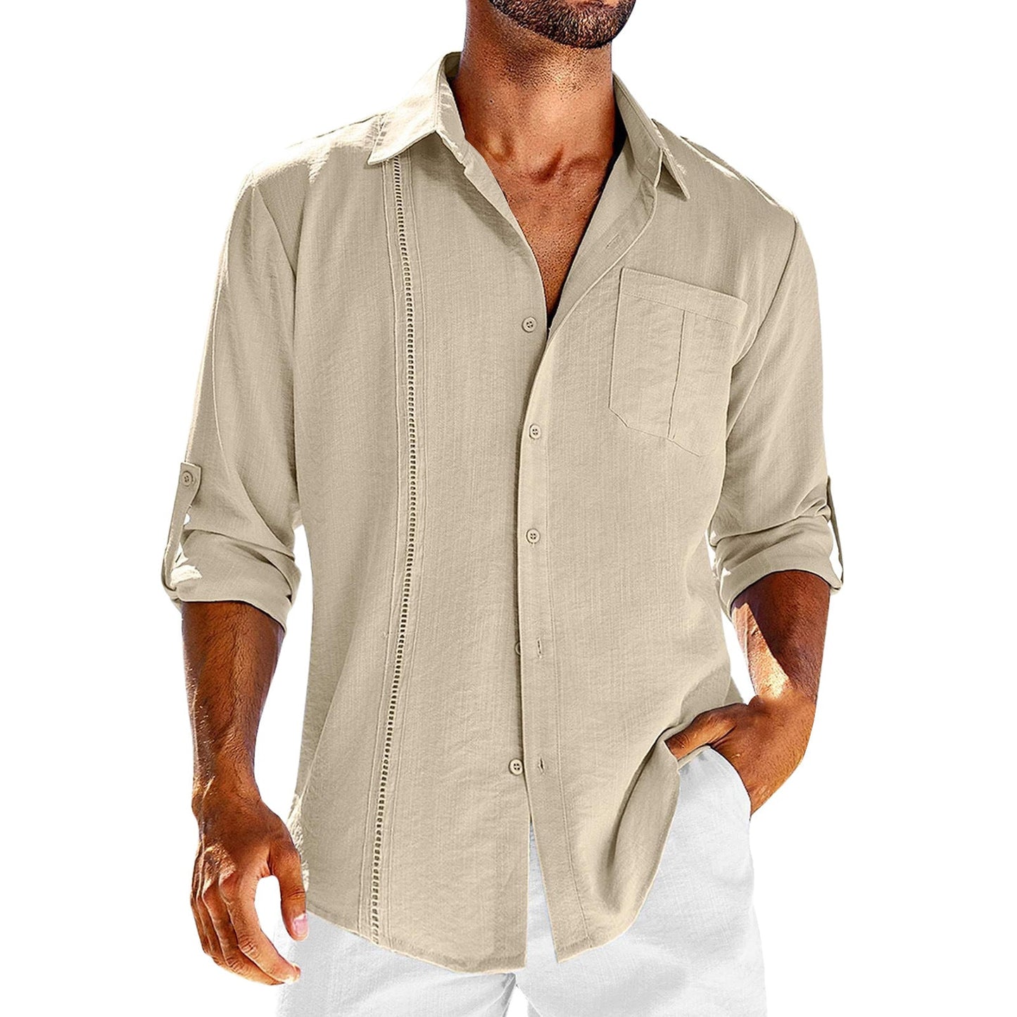 Chemise décontractée homme – Coupe ample – Fibres naturelles – Manches longues boutonées