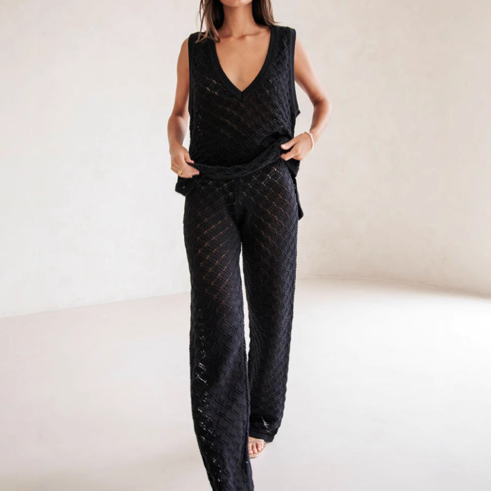 Ensemble Femme Haut Sans Manches et Pantalon – Maille Motif Losange – Coupe Décontractée