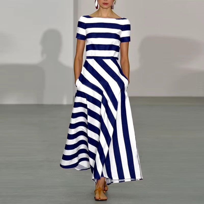 Robe longue femme – Coupe évasée – Rayures graphiques