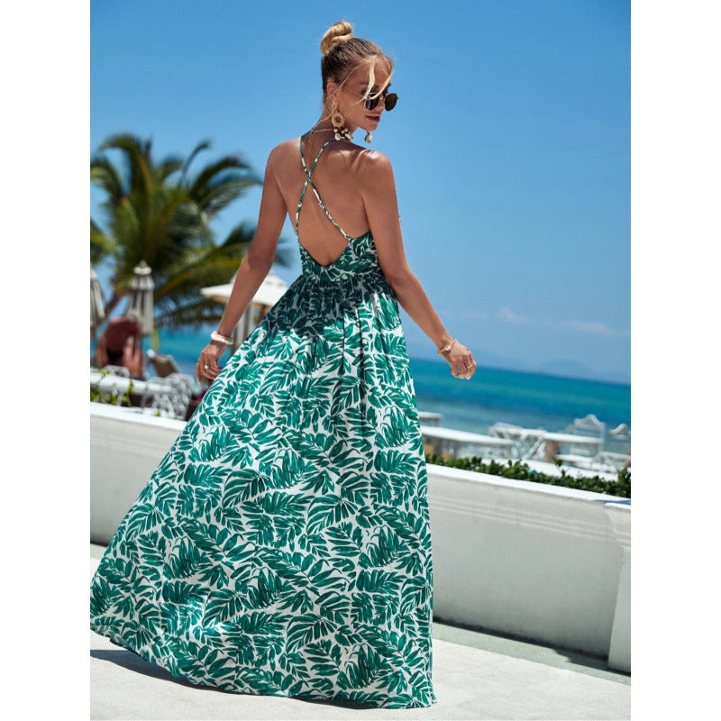 Robe longue femme – Décolleté plongeant – Dos nu – Imprimé nature – Coton