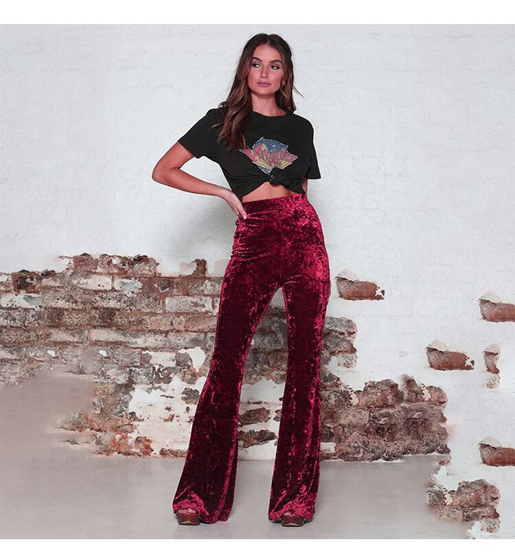 Pantalon évasé femme – Taille haute – Velours doux – Coupe ajustée – Longueur entière