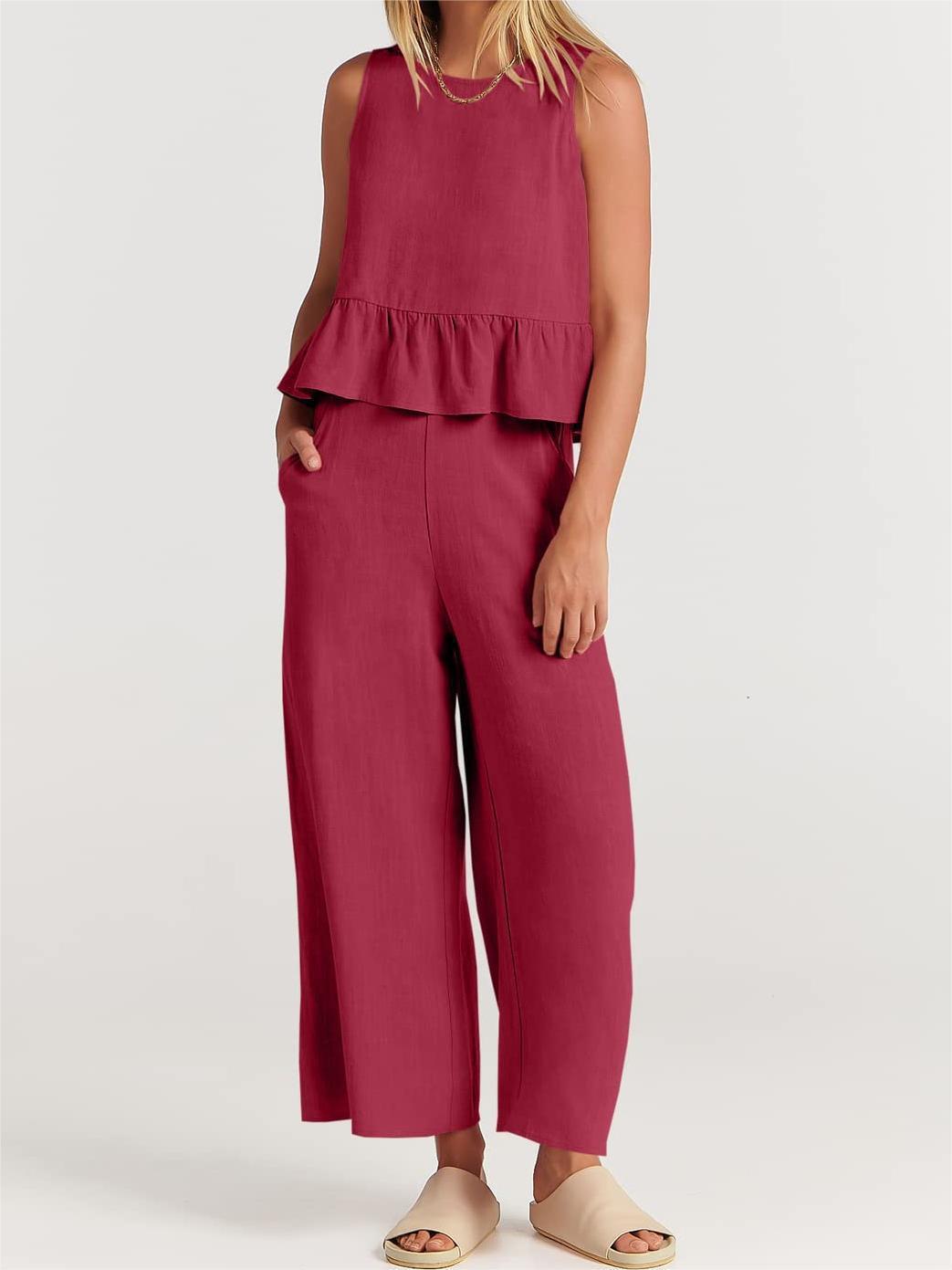 Ensemble 2 pièces pour femmes - Top court sans manches - Pantalon large à taille élastique - Coupe décontractée