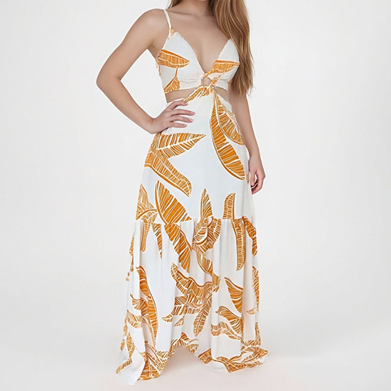 Robe longue femme – Col halter – Taille ajourée – Jupe évasée à volants – Imprimé graphique