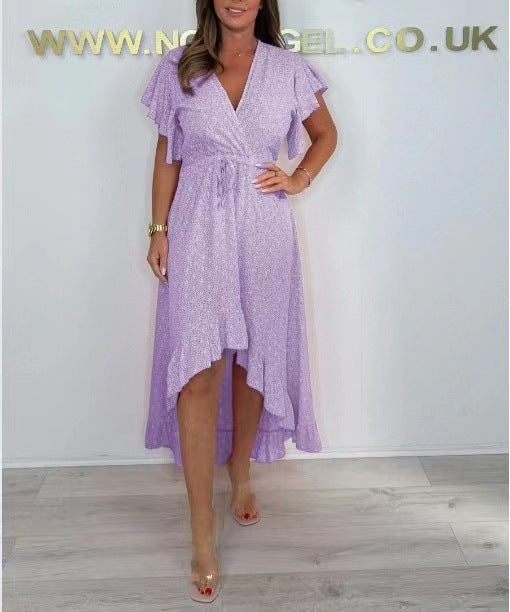 Robe portefeuille femme – Tissu fluide respirant – Manches à volants – Ourlet asymétrique