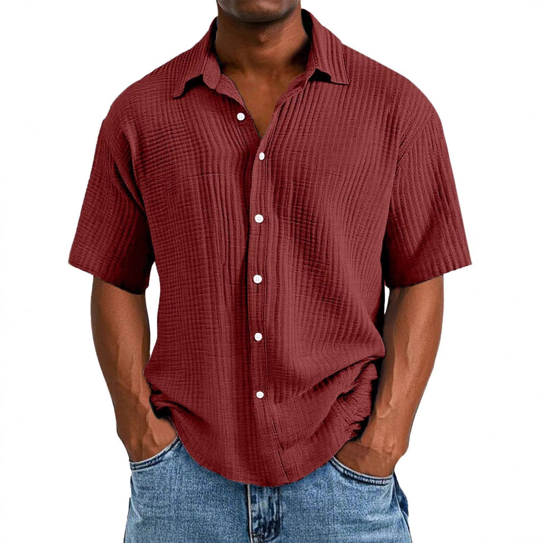 Chemise manches courtes homme – Coupe décontractée – Tissu froissé respirant – Col classique