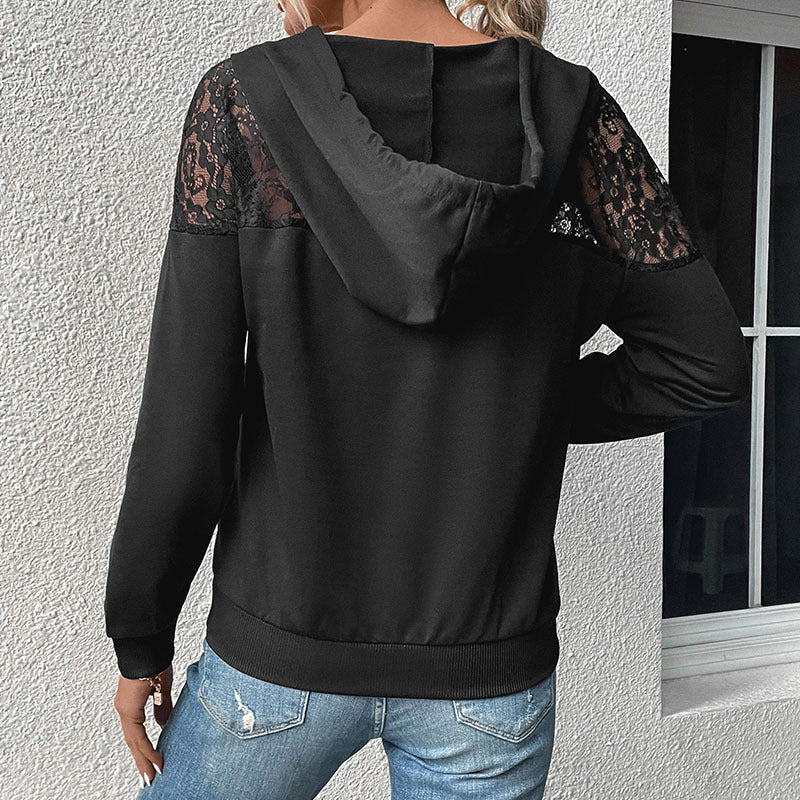 Women's hooded sweatshirt – Relaxed fit – Lace detail – Soft knit – Kangaroo pocket