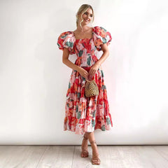 Robe longue femme – Épaules dénudées – Bustier smocké – Jupe à volants – Tissu respirant