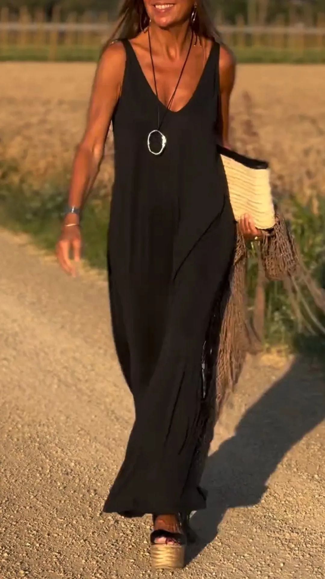 Robe longue femme – Coupe décontractée – Bretelles fines