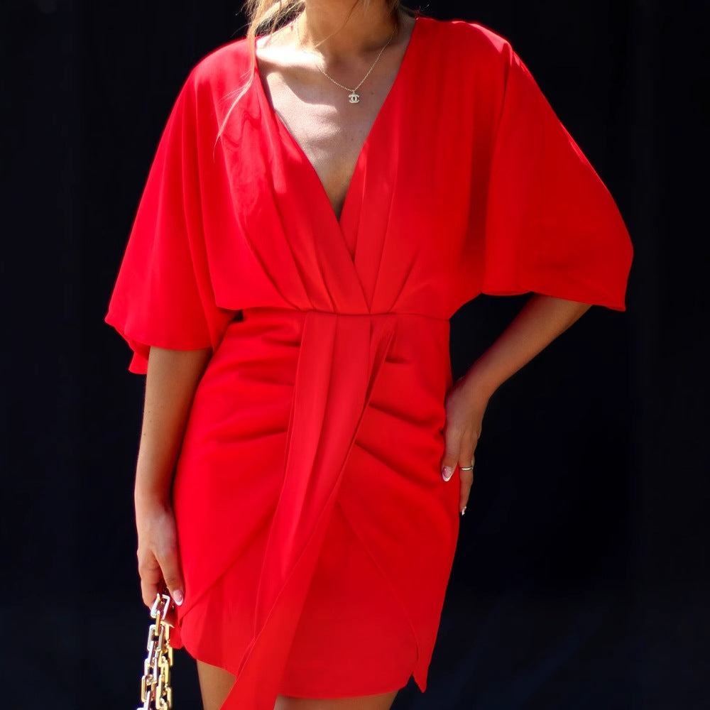 Robe patineuse femme – Décolleté en V – Taille drapée – Coupe fluide – Mini longueur