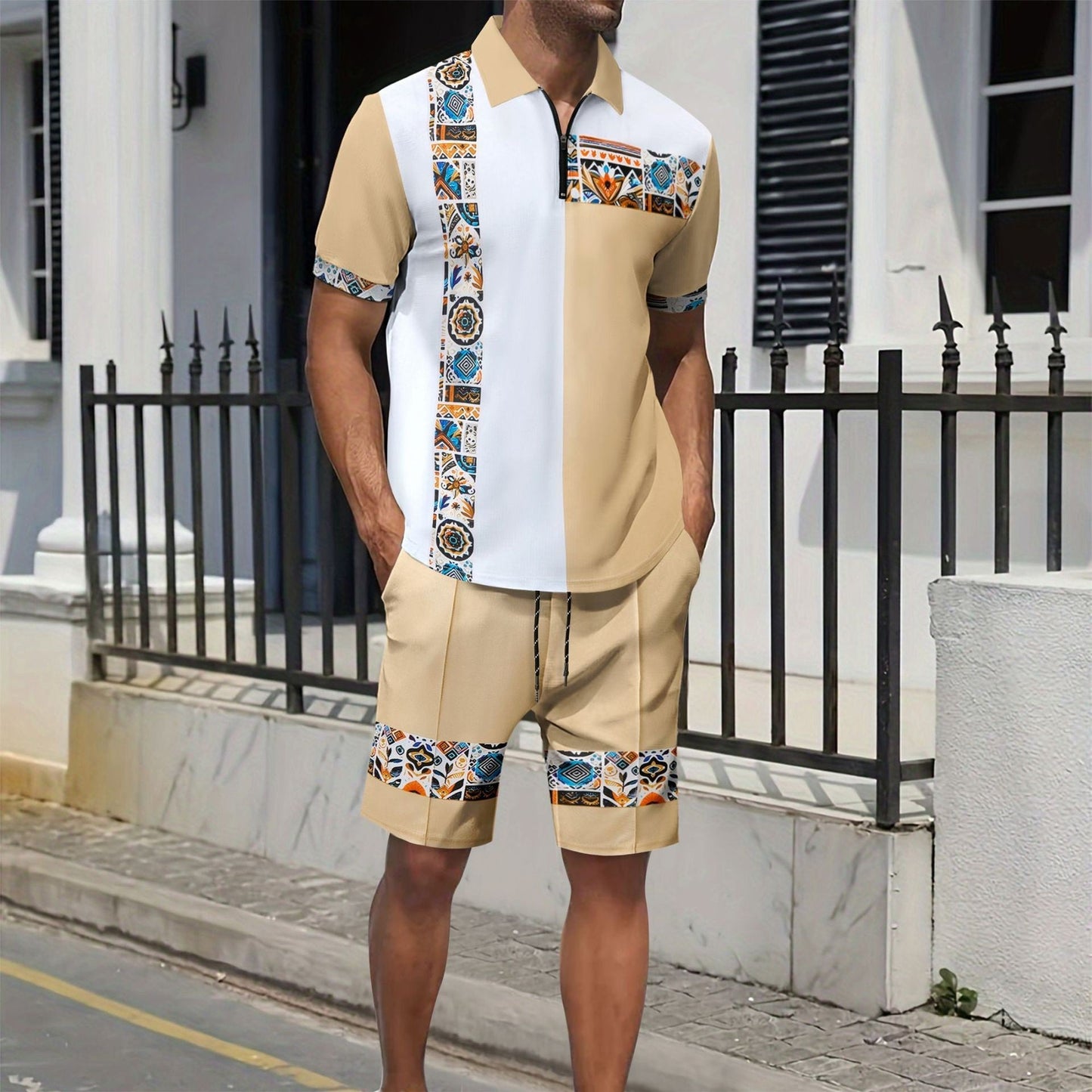 Ensemble Homme Chemise et Short – Coupe Droite – Coton – Détails Zippés