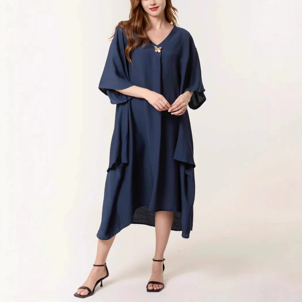 Robe Tunique Femme – Coupe Ample – Tissu Respirant – Manches Courtes – Col V Midi