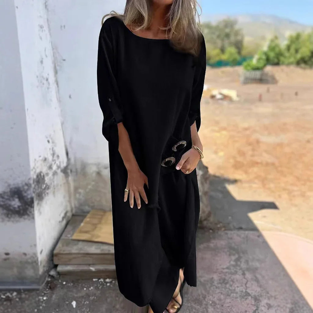 Robe femme – Coupe oversize – Longue – Manches longues – Tissu doux façon coton – Boutons côté
