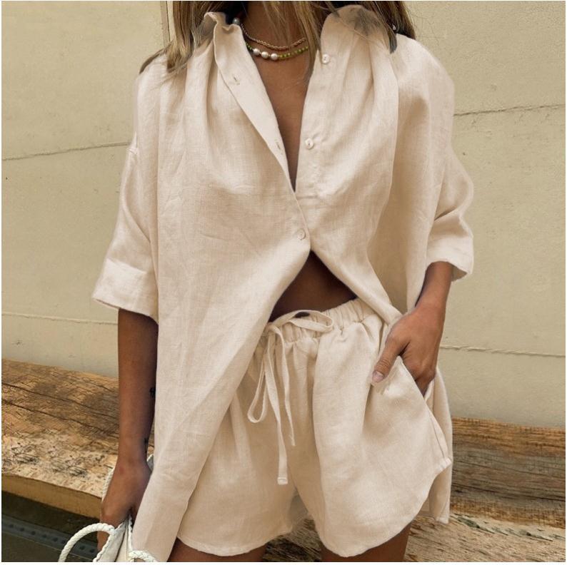 Chemise femme – Coupe oversize – Lin mélangé – Manches courtes – Style décontracté