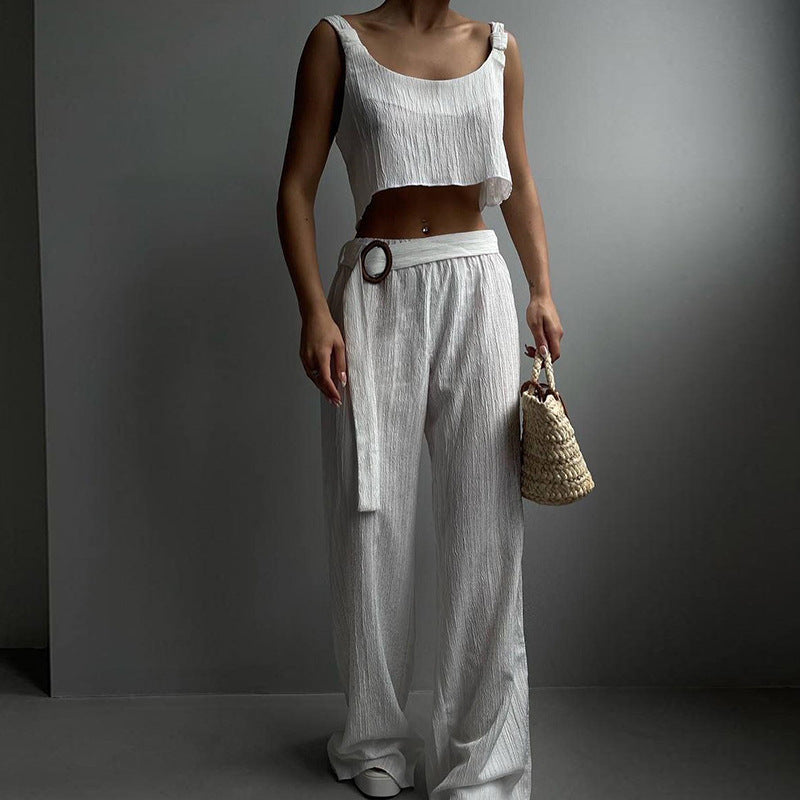 Ensemble Femme Deux Pièces – Haut Court Bretelles Larges – Pantalon Taille Haute Coupe Large
