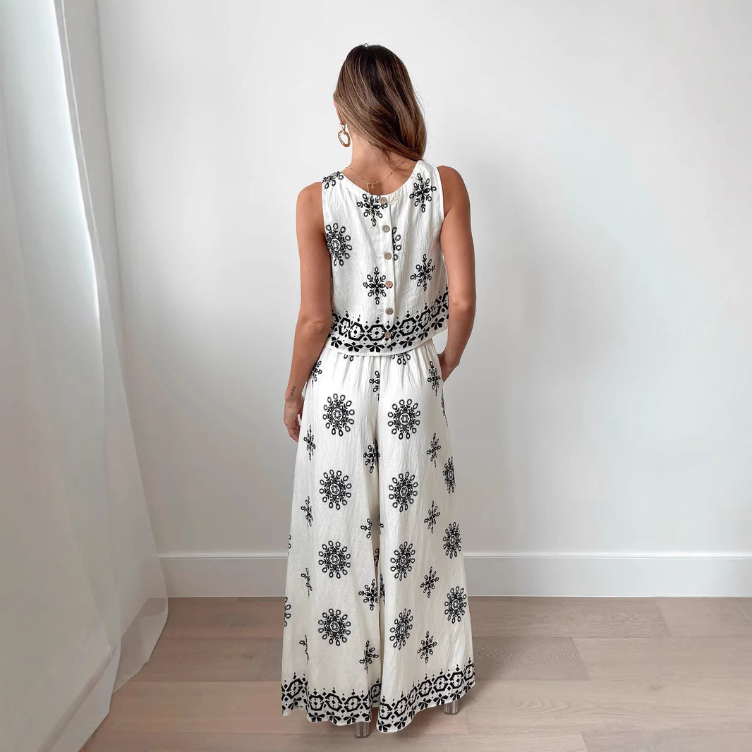 Ensemble Femme Deux Pièces – Haut Court Sans Manches – Pantalon Large Taille Haute – Broderie
