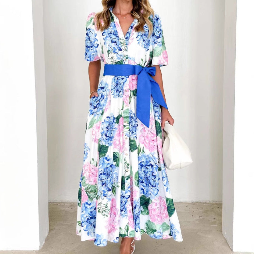 Robe maxi femme – Coupe évasée – Manches courtes – Imprimé fleuri – Ceinture ajustable