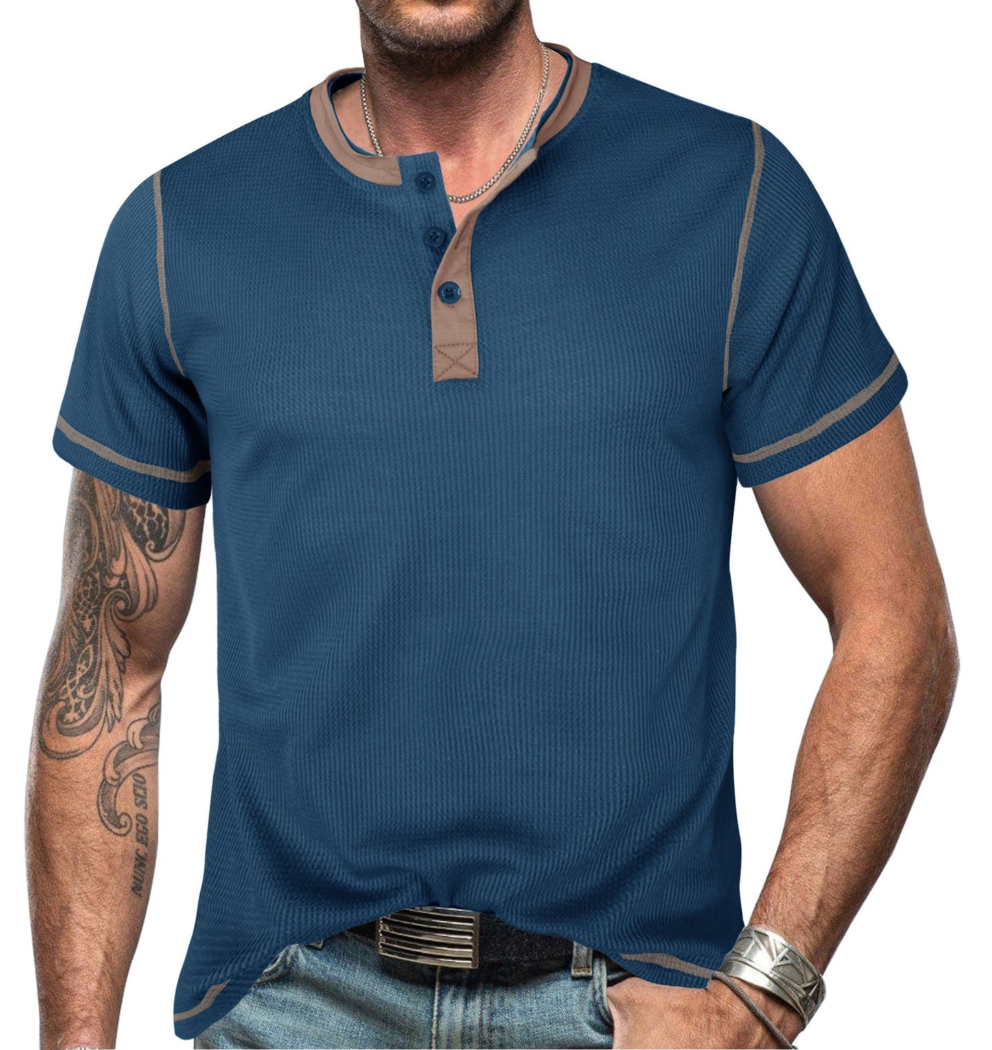 T-shirt Henley homme – Coupe slim – Coton – Manches courtes casual