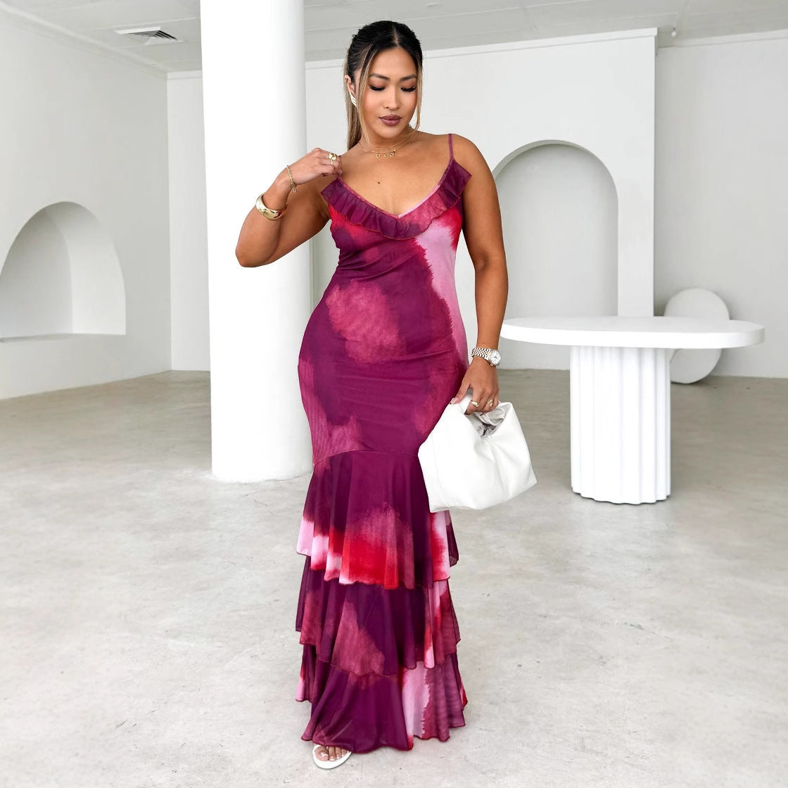 Robe longue femme – Coupe ajustée – Bretelles fines – Volants – Jupe à étages