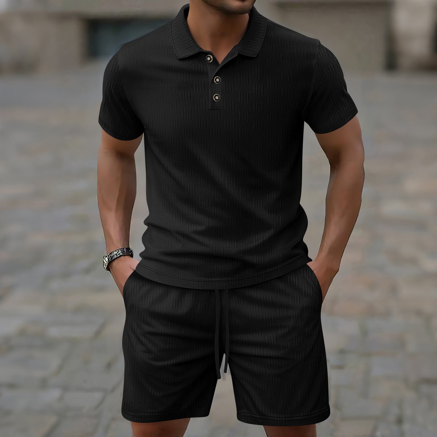 Ensemble décontracté homme – T-shirt à manches courtes – Coupe slim – Motif texturé – Patte boutonnée