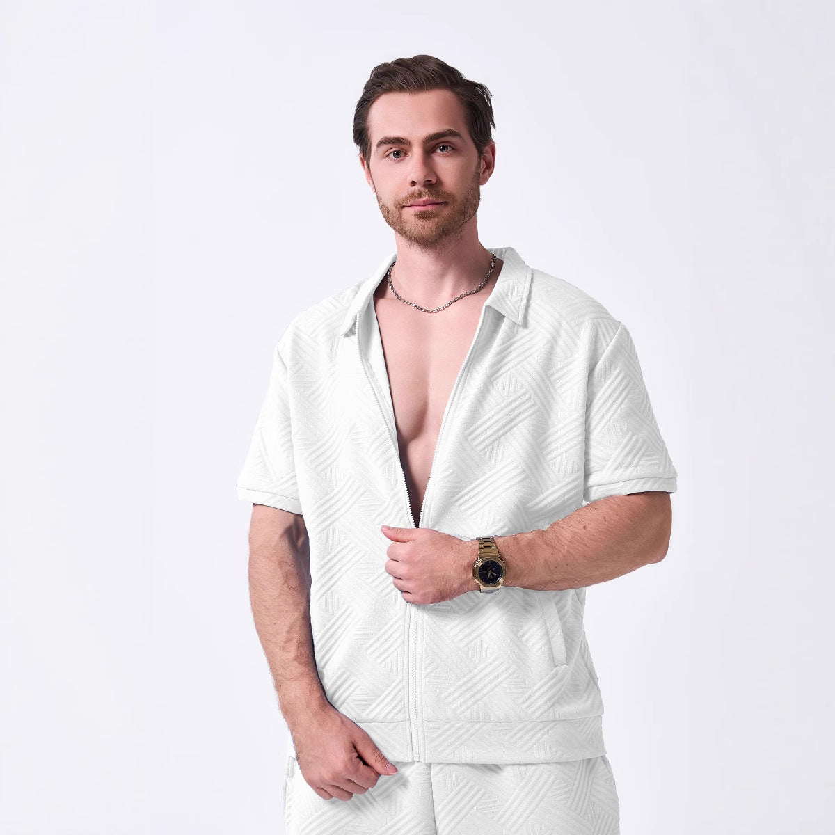 Chemise homme manches courtes – Coupe décontractée – Motif texturé – Col zippé