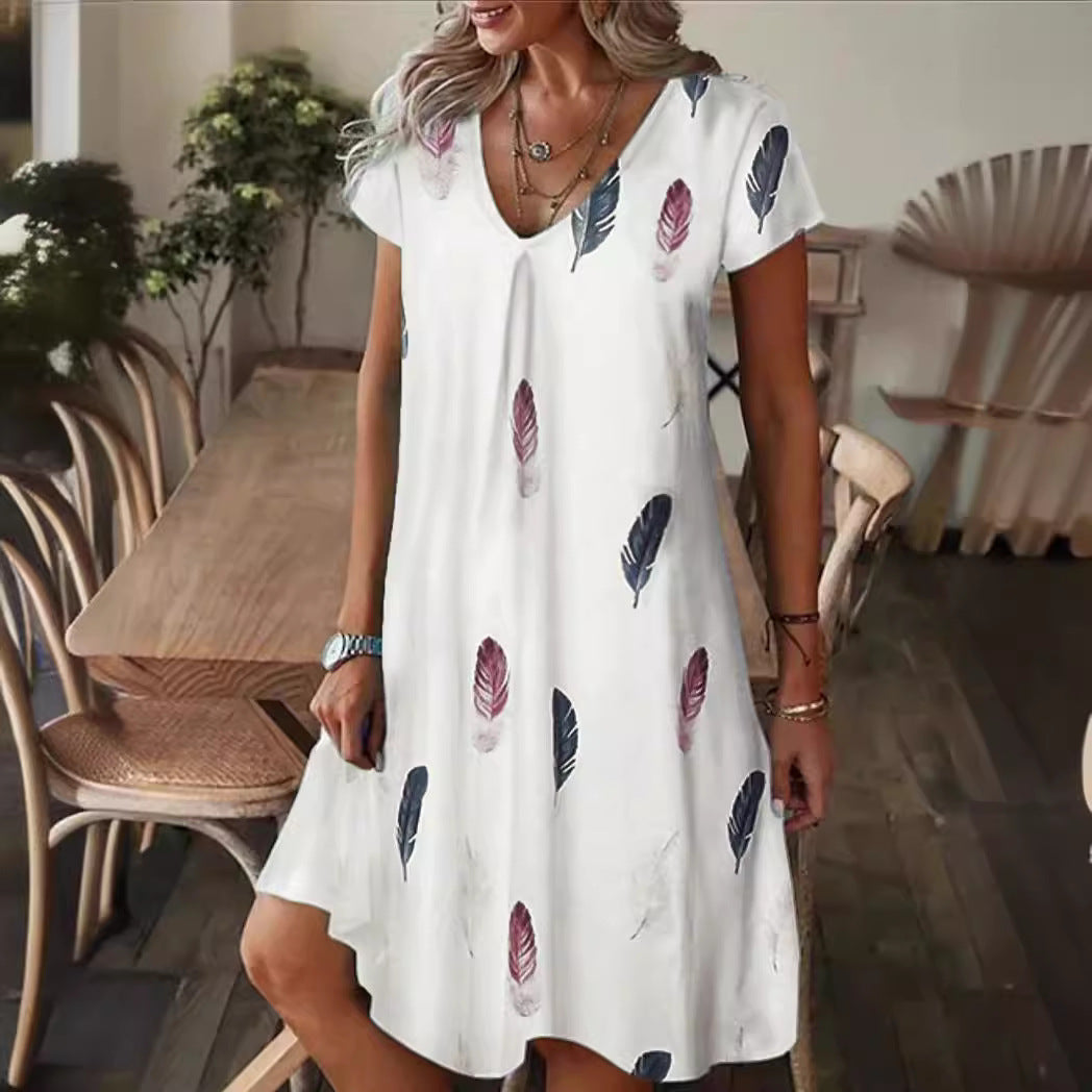Robe femme – Coupe ample – Col en V – Manches courtes – Imprimé floral