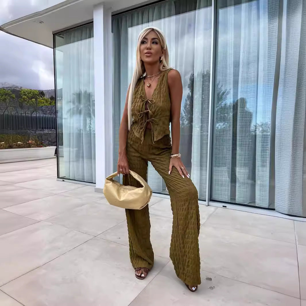 Women's Set Sleeveless Top and Pants – Tied V-Neck – Crinkled Fabric Straight Cut