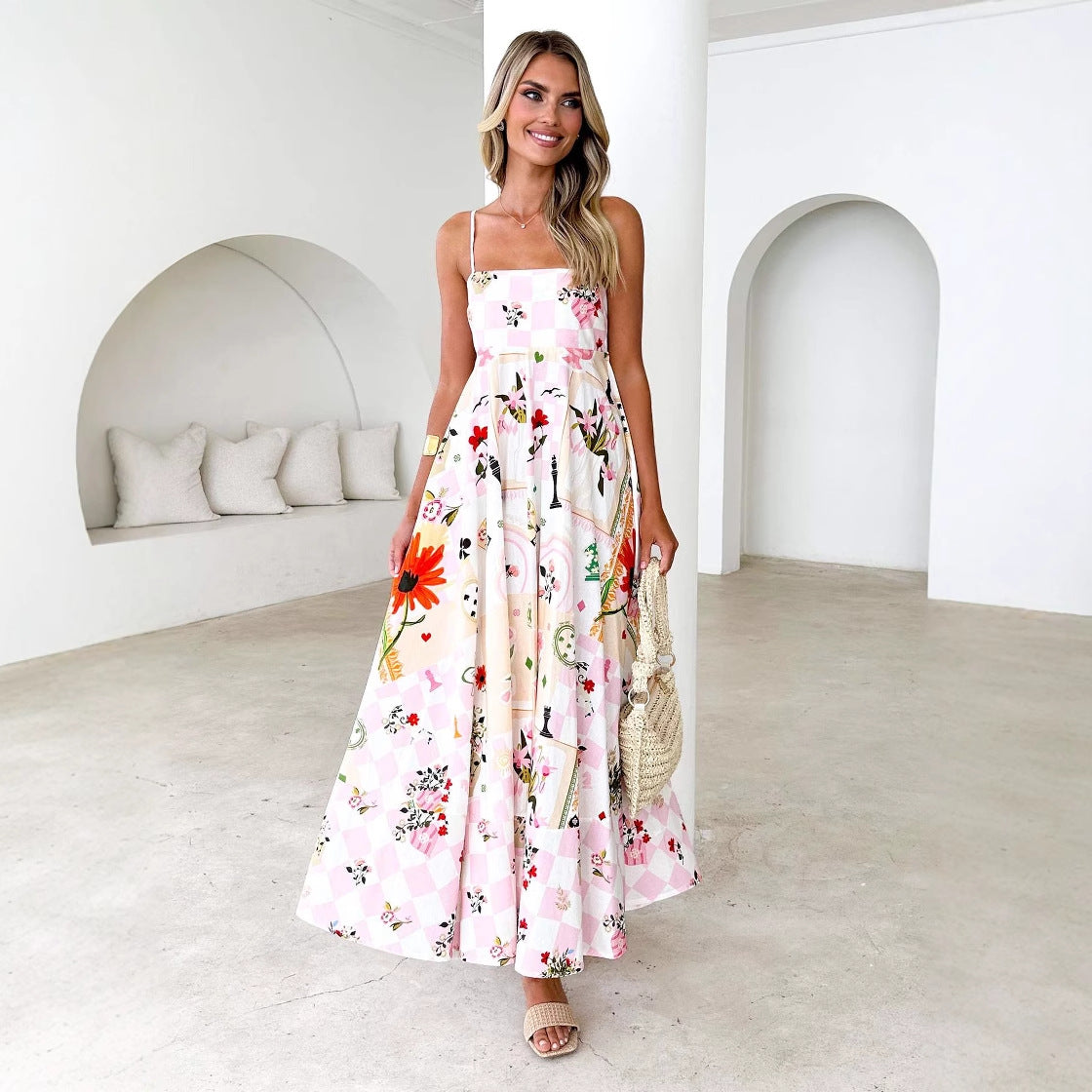 Robe longue femme – Dos nu – Coupe évasée – Tissu respirant – Imprimé fleuri