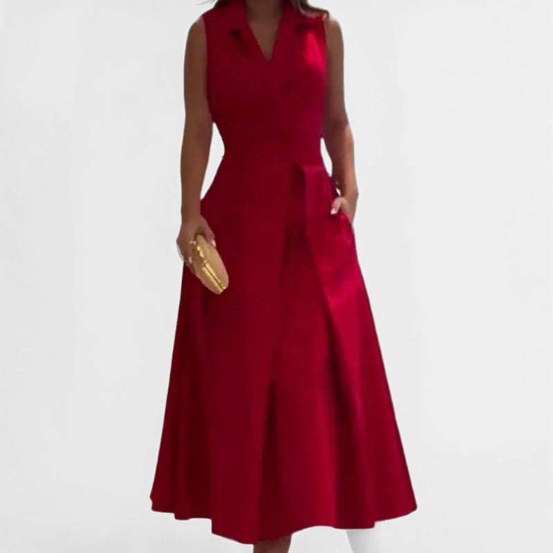 Robe midi femme – Sans manches – Col tailleur – Tissu fluide respirant – Coupe évasée