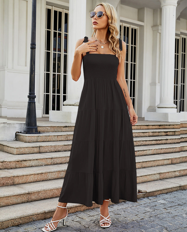 Robe longue femme – Dos nu – Bretelles à nouer – Jupe évasée à volants – Tissu léger