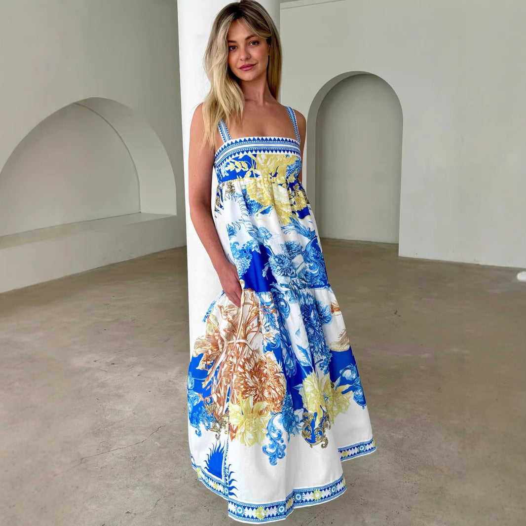 Robe longue femme – Coton – Coupe évasée – Bretelles fines à volants imprimés